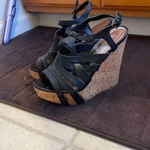 Bakers black/cork strappy wedges